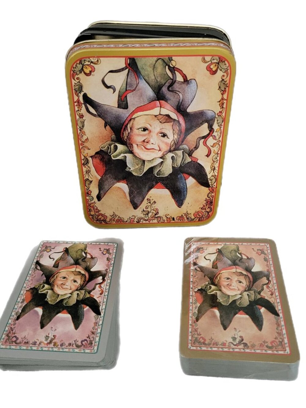 Enesco Double Deck Playing Card Set in Metal Tin with Renaissance Jester VTG